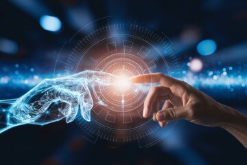 Human & AI: A symbolic fusion of human and artificial intelligence, with a glowing blue digital hand reaching towards a human hand. This futuristic concept image evokes the future of technology, colla