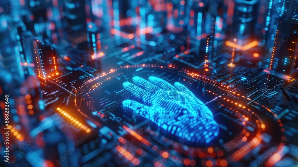 Poster a sleek metropolis under the control of an advanced technology, featuring a hovering hand above