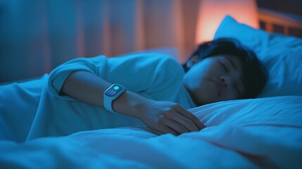 A woman sleeps peacefully in bed with a smartwatch monitoring her sleep. The dimly lit room casts a soft blue glow