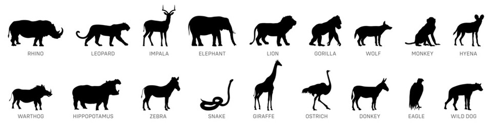 Animal silhouette set. African animal. Wild animal collection.