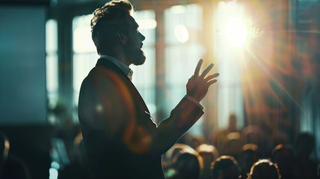 a. of a blurred view of a business speaker gesturing passionately while addressing a professional audience, highlighting the focus on informative interaction, busines