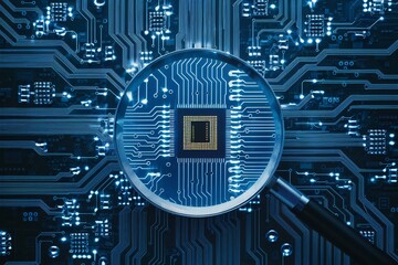 Magnifying the Microchip: A close-up shot of a microchip, amplified by a magnifying glass, showcases the intricate circuitry and technological advancement in a sleek, blue-toned image.  