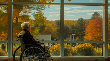 Elderly man sitting alone in wheelchair in room of retirement home. Looking out of window. Outside window people are coming together, enjoying outdoor activities and socializing
