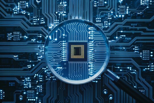 Magnifying the Microchip: A close-up shot of a microchip, amplified by a magnifying glass, showcases the intricate circuitry and technological advancement in a sleek, blue-toned image.  