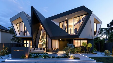 Fototapeta premium contemporary suburban home with an avant-garde design, featuring sharp angles and a bold, monochromatic color palette
