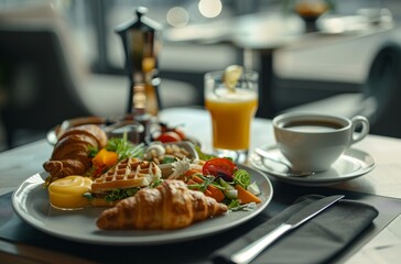 breakfast table features coffee and pastries on one side with orange juice in another cup
