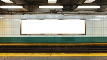 Empty white poster on a subway station wall, ideal for advertisements, public service announcements, or artistic displays, blending urban convenience with creative potential