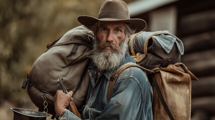 Evocative portrait of a Gold Rush prospector, with rugged clothes and tools, illustrating the adventurous and often perilous search for fortune in the 19th century