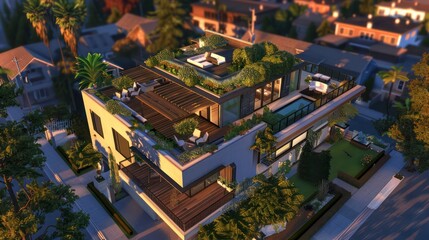 Obraz premium contemporary suburban home with a rooftop lounge area offering views over a manicured community park