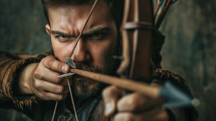 medieval archer drawing his bow, focused and determined, highlighting the skill and precision required in ancient warfare