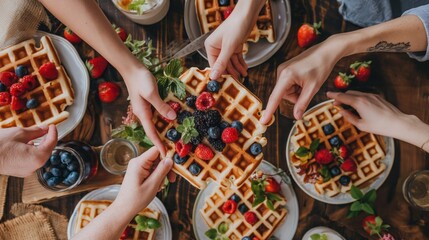 People participating in National Waffle Day on August 24th, enjoying waffles with various toppings, celebrating culinary diversity and delight