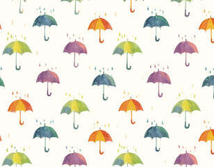 Fototapeta premium Seamless pattern of colorful umbrellas with raindrops on abstract white background, illustration wallpaper 