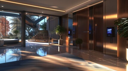 Naklejka premium contemporary suburban home with a futuristic edge, featuring automated sliding doors and a high-tech security system