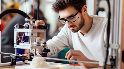Technician working with a 3D printer creating a complex prototype. The rapid advancements in 3D printing technology are revolutionizing manufacturing processes