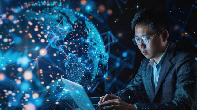 Business Intelligence, Asian businessman using laptop computer with global network connection, data exchange, digital technology, data science and digital marketing, Investment on global busines