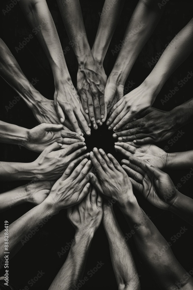 Poster a close-up shot showcasing multiple hands forming a circular shape, perfect for abstract art or symb