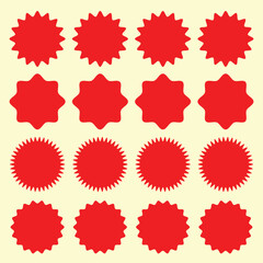 Red Star burst shape tags collection. Set of price, sale, discount offer circle frames sticker. Simple Abstract sticker badge label icon button stamp. Design element. EPS 10.