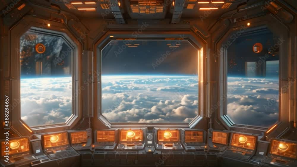 Aufkleber a view of a modern space station control room with large windows overlooking earth and a row of glow