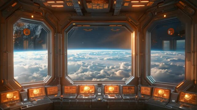 A view of a modern space station control room with large windows overlooking Earth and a row of glowing control panels.