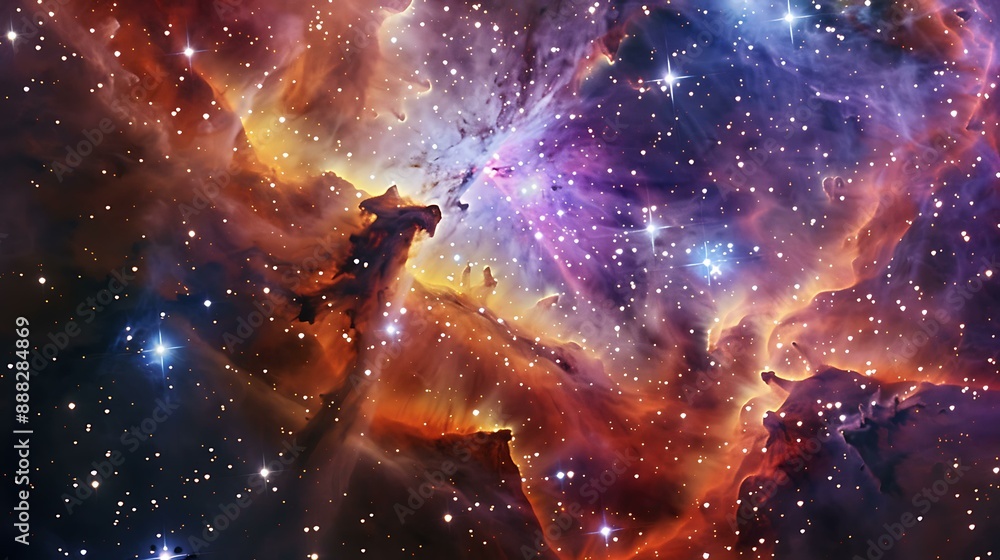 Poster ethereal image of a glowing nebula with intricate patterns and clusters of bright stars scattered ac