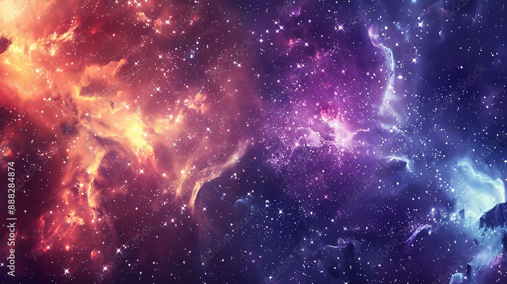 Poster ethereal image of a glowing nebula with intricate patterns and clusters of bright stars scattered ac