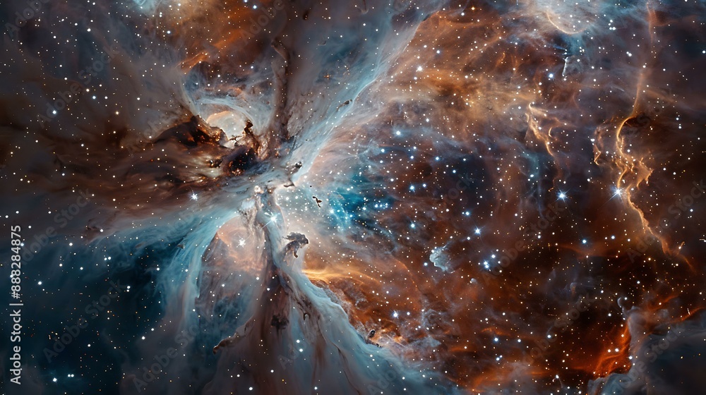 Poster ethereal image of a glowing nebula with intricate patterns and clusters of bright stars scattered ac