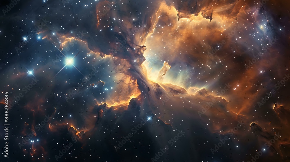 Poster ethereal image of a glowing nebula with intricate patterns and clusters of bright stars scattered ac