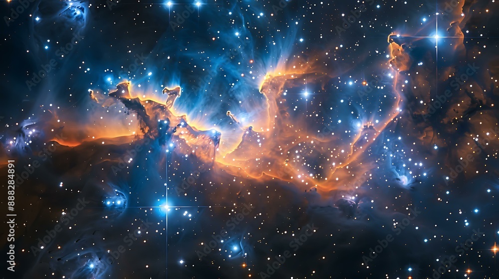 Poster ethereal image of a glowing nebula with intricate patterns and clusters of bright stars scattered ac