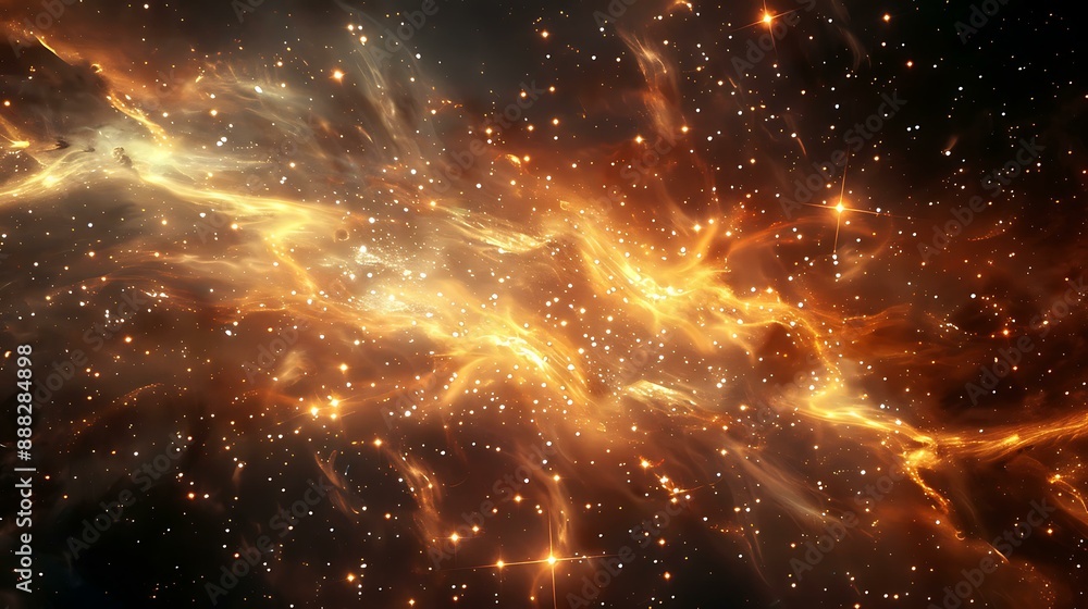 Poster ethereal image of a glowing nebula with intricate patterns and clusters of bright stars scattered ac