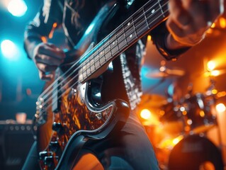 Obraz premium Bass guitar closeup, fingers plucking strings, the rhythm section of a rock band in the spotlight