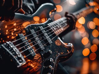 Bass guitar in the spotlight, closeup on the intricate play, rhythm vibrating through the ecstatic crowd