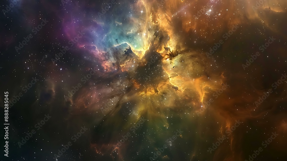 Poster stunning view of a vibrant nebula in deep space surrounded by twinkling stars and cosmic dust clouds