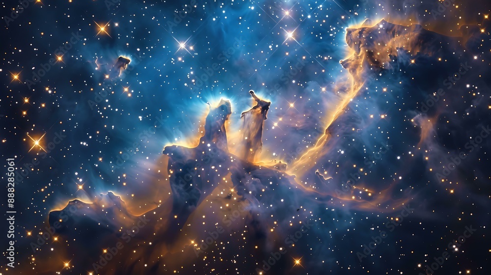 Poster stunning view of a vibrant nebula in deep space surrounded by twinkling stars and cosmic dust clouds
