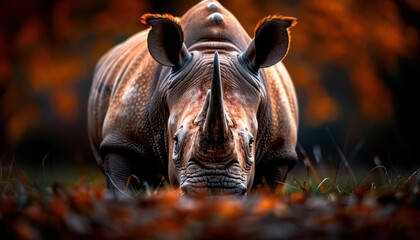Fototapeta premium Closeup of a rhino grazing, capturing the peaceful moment of this exotic mammal in its natural habitat