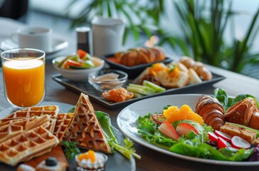 breakfast table features coffee and pastries on one side with orange juice in another cup