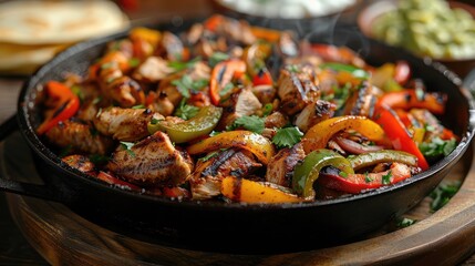 Sizzling Fajitas with Grilled Chicken or Beef - Bell Peppers, Onions, Tortillas, Sour Cream, Guacamole, and Salsa