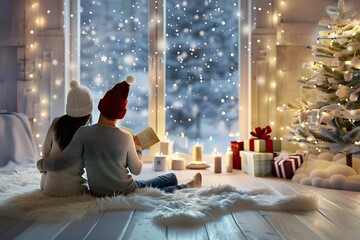 Cozy couple reading by the fireplace next to a decorated Christmas tree in winter evening at home