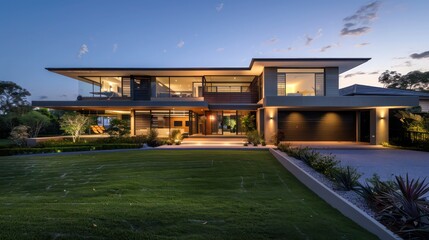 Obraz premium contemporary suburban home with an expansive front lawn and a hidden underground garage, maintaining a clutter-free aesthetic