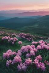 Fototapeta premium A serene landscape featuring vibrant pink flowers and majestic mountains