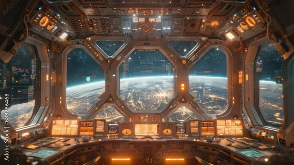 Poster a wide shot of a spaceship control center, featuring a large window with a view of earth at night. t