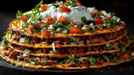 Crispy Tostadas with Refried Beans, Shredded Chicken or Beef, Lettuce, Cheese, and Sour Cream