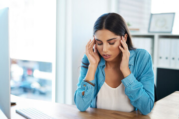 Burnout headache, computer and woman in office, exhausted with 404 error, pain or web problem. Frustrated, fatigue and tired girl with stress, anxiety and deadline for time management crisis at desk