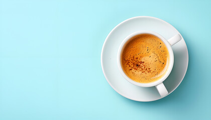 Fototapeta premium Tasty coffee in cup on light blue background, top view