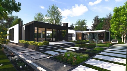contemporary suburban home with a striking black and white color scheme, surrounded by a modern, geometric garden