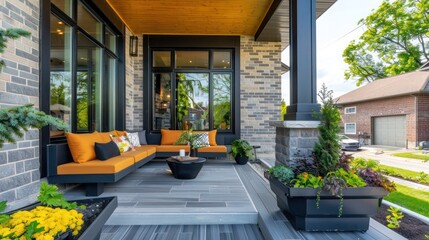 contemporary suburban home's front porch area, with smart seating solutions and modular planters