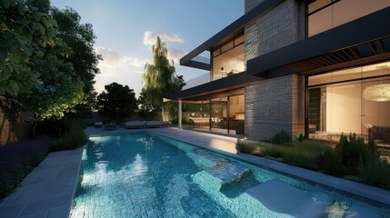 contemporary suburban home with a luxurious outdoor pool area, featuring minimalistic landscaping and a sleek poolside cabana