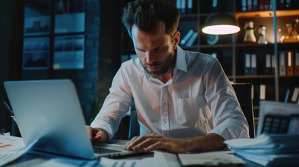 A focused individual engrossed in his work, ideal for office environments