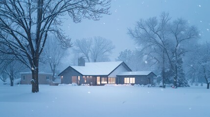 contemporary suburban home during a gentle snowfall, its modern silhouette standing stark against the soft white landscape