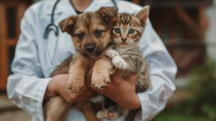 Veterinarian Holding Pets. A veterinarian in a white coat holds a puppy and two kittens, showcasing care and companionship in animal healthcare