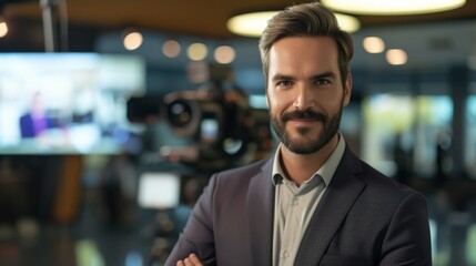 Fototapeta premium An attractive male TV journalist reporting live from a professional news studio
